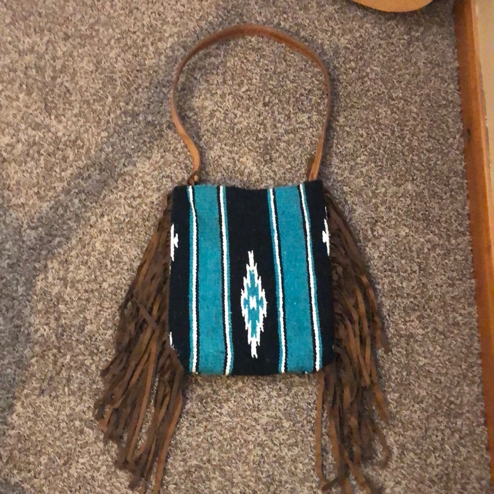 Teal and Black Saddle Blanket Fringe Purse